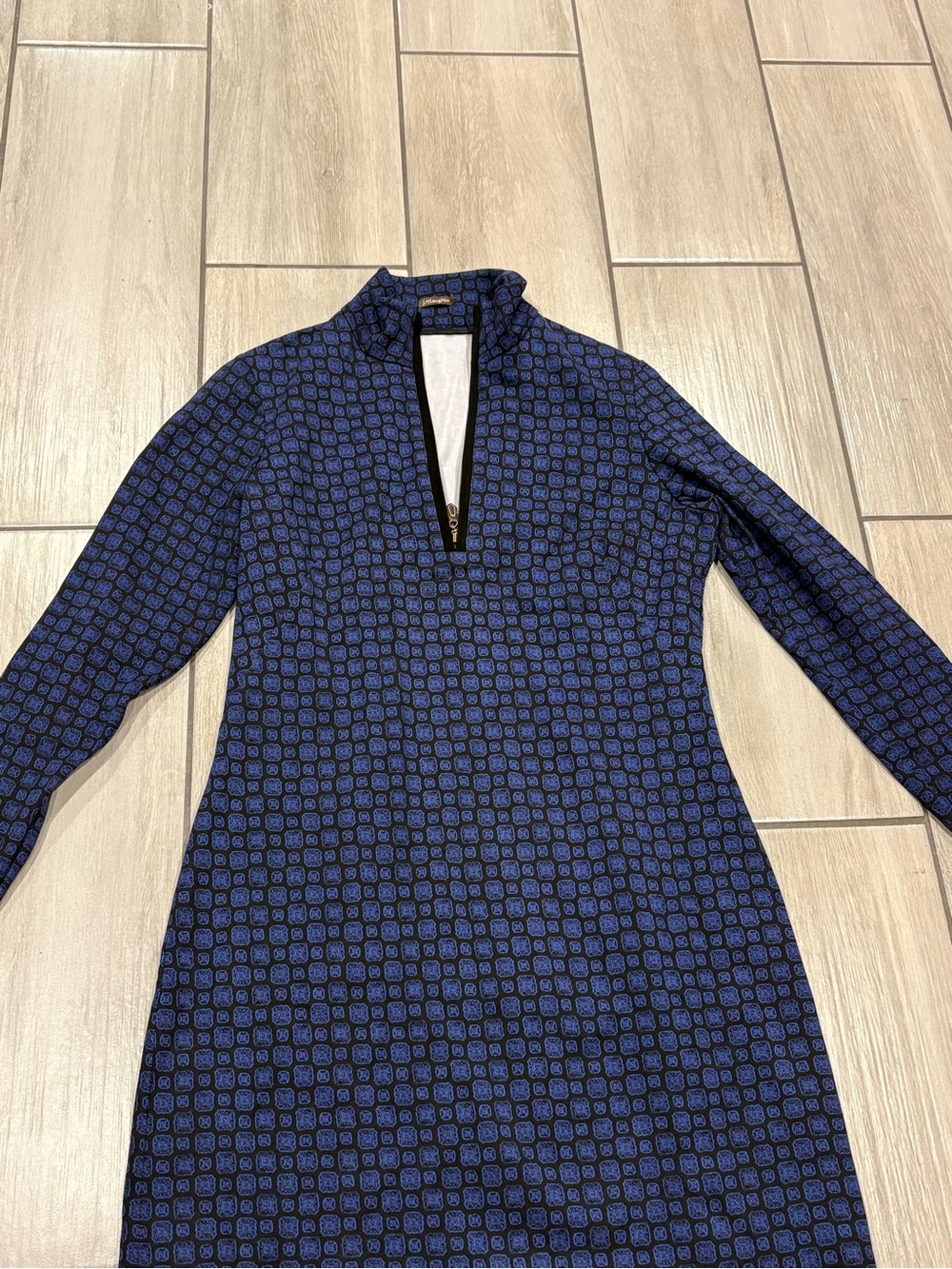 #3 J. MCLAUGHLIN Bedford Dress 1/4 Zip Blue Black Geometric Stretch Size L 18x39 - Picture 2 of 7